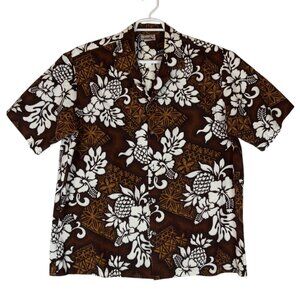 Evergreen Island Hawaiian Aloha Shirt Mens Size XL Brown Floral Hibiscus Luau